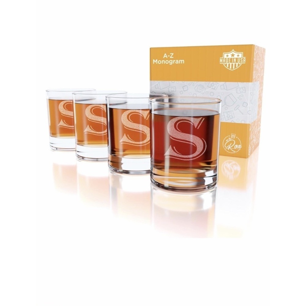 On The Rox 4 Piece Glass‎ Set Engraved with S-Monogram, 11-Ounce